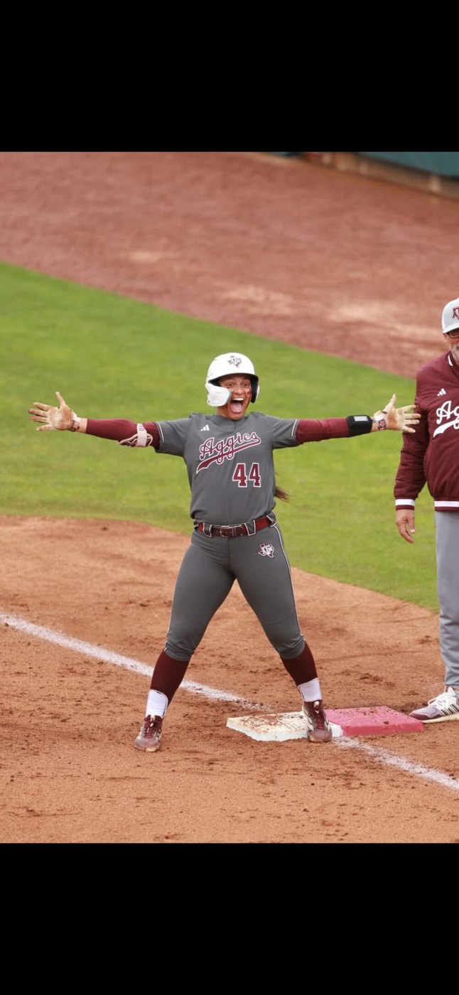 Texas A&M softball player celebrating at the plate