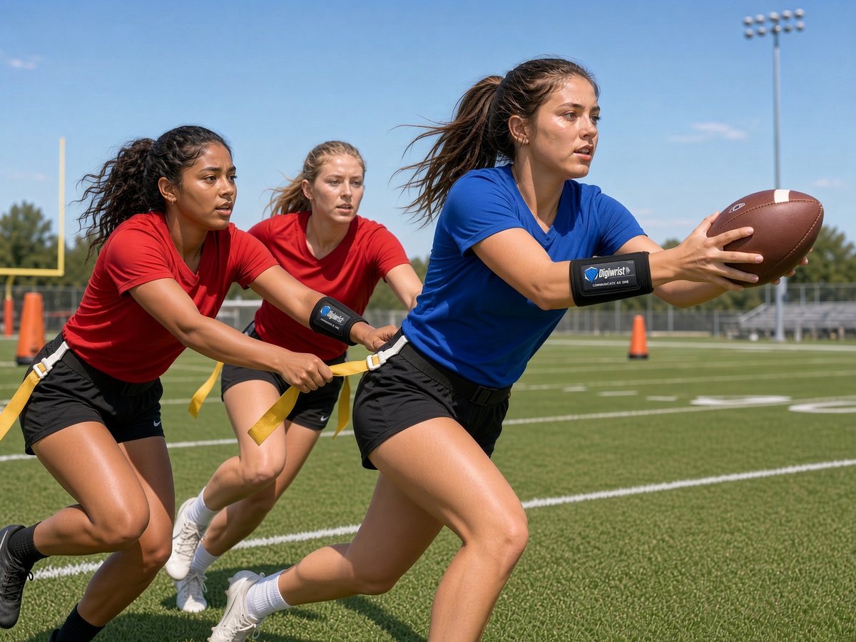 Flag football receiver hauling in a catch with a DigiWrist receiver on her forearm as a defender pulls the flag
