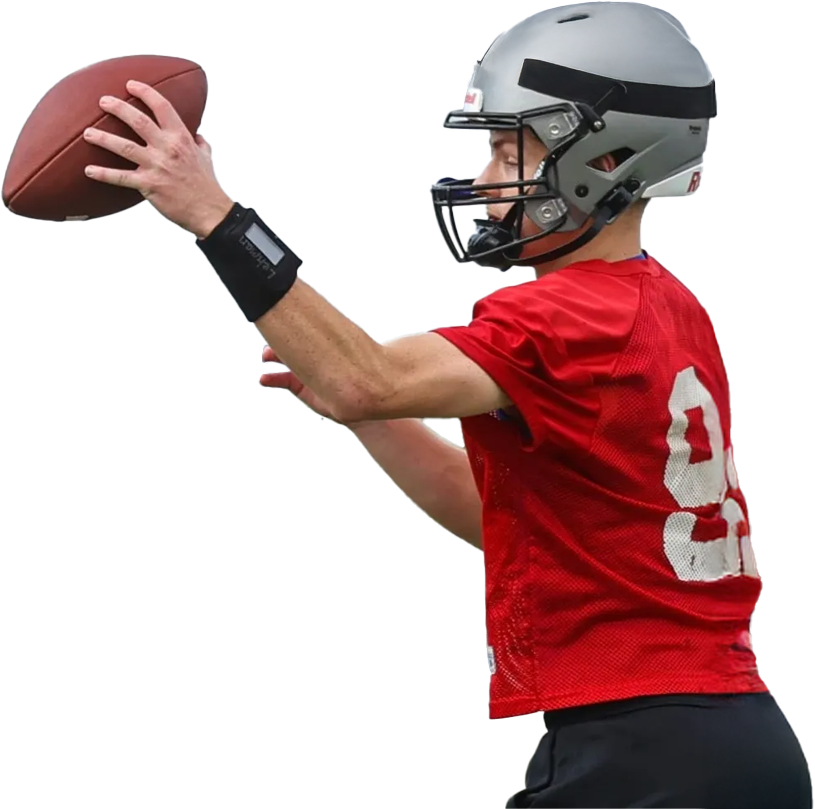 Quarterback wearing a Digiwrist wristband while throwing a football