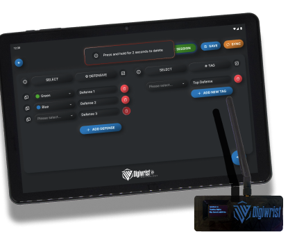 Digiwrist tablet app showing defensive play selection with the wireless transmitter