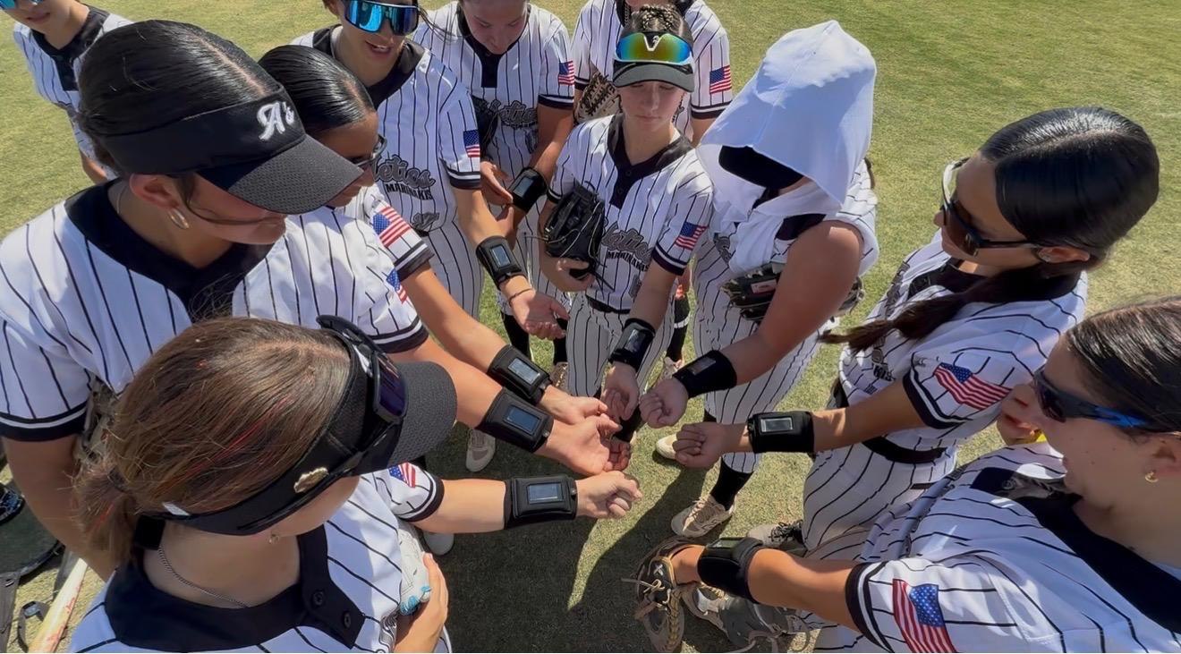 Athletics Mercado softball huddle, DigiWrist receivers on every wrist