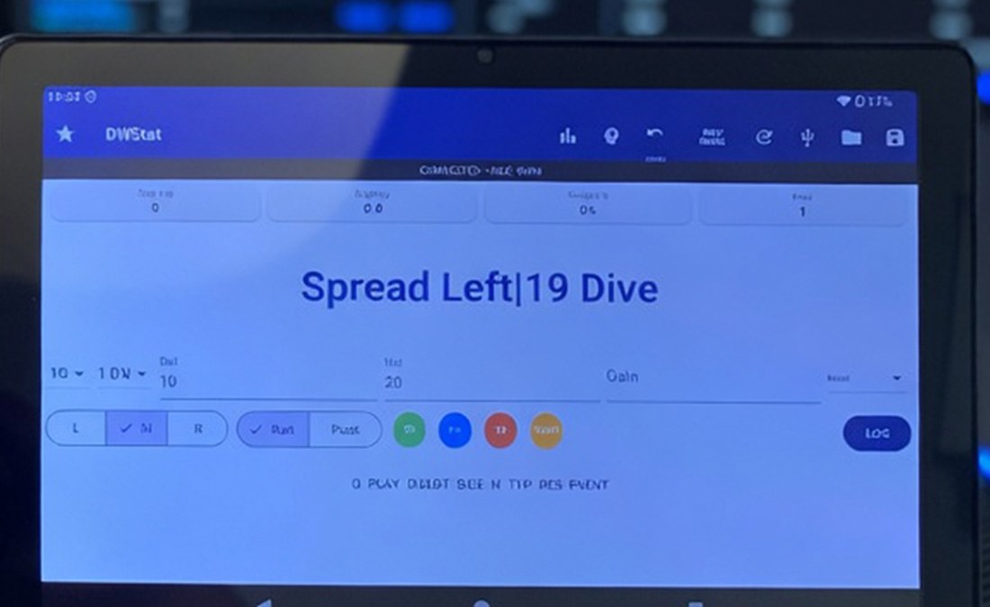 The Stat Tablet live screen showing the call Spread Left 19 Dive with live efficiency and success rate