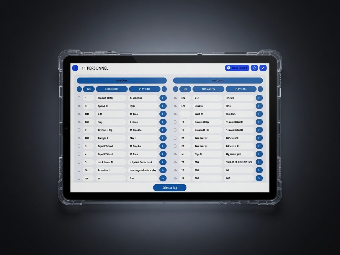 The Stat Tablet play list — run game and pass game, formation and play call, logged live