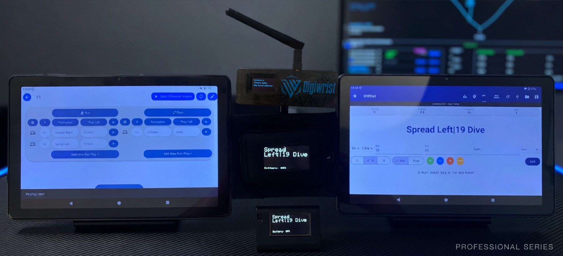 The DigiWrist Stat Tablet beside the coach tablet, with the transmitter and wrist receiver all showing the same live call: Spread Left 19 Dive